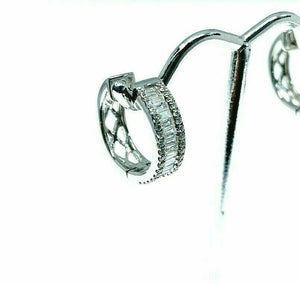 0.82 Carats Baguette and Round Diamond Huggie Hoop Earrings 18K White Gold