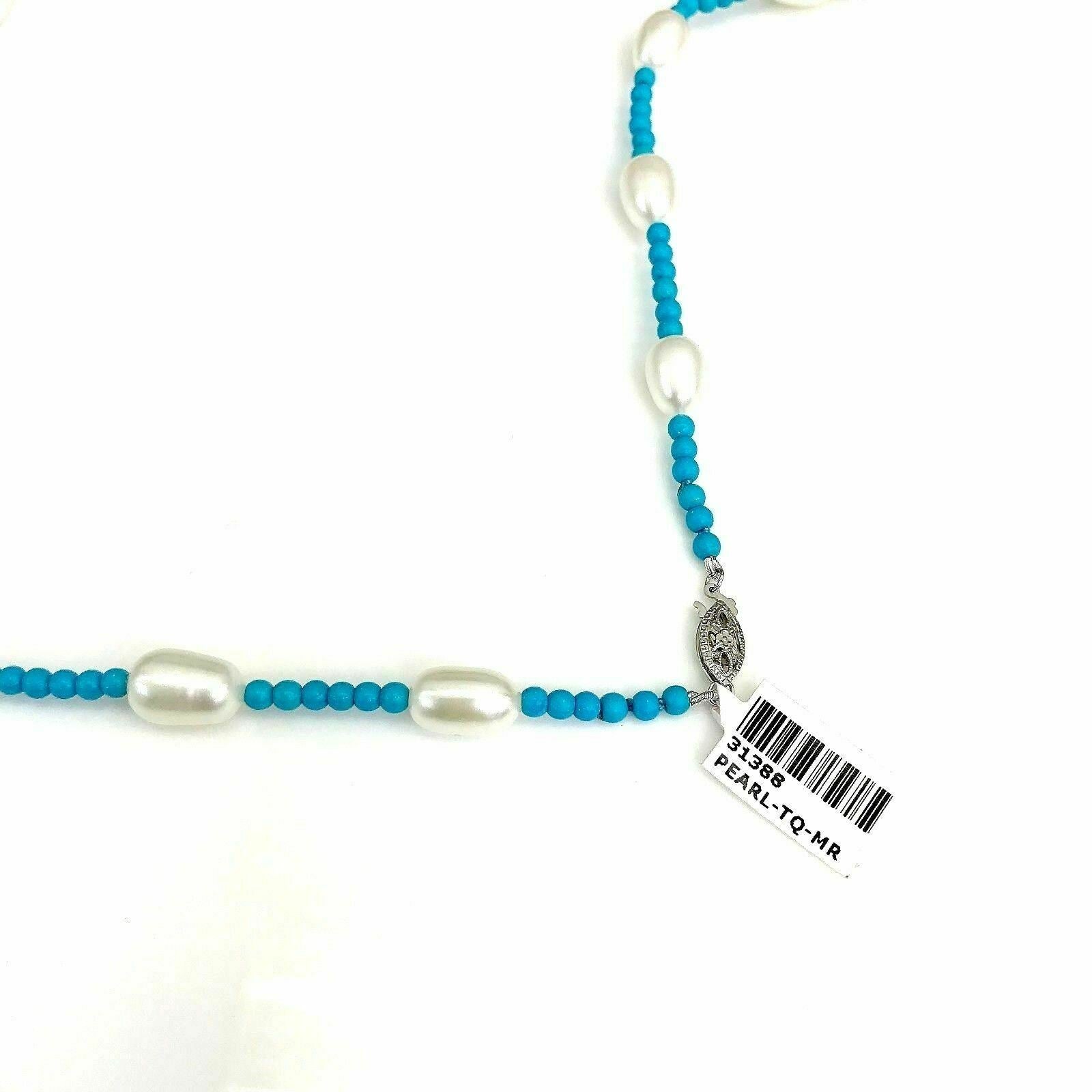 Cultured Freshwater Pearl and Natural Turquoise String Necklace 14k 32Inches