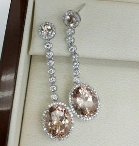 7.39 ct Margonite Oval Drop Earrings w/ Round Diamond Dangling in 14K White Gold