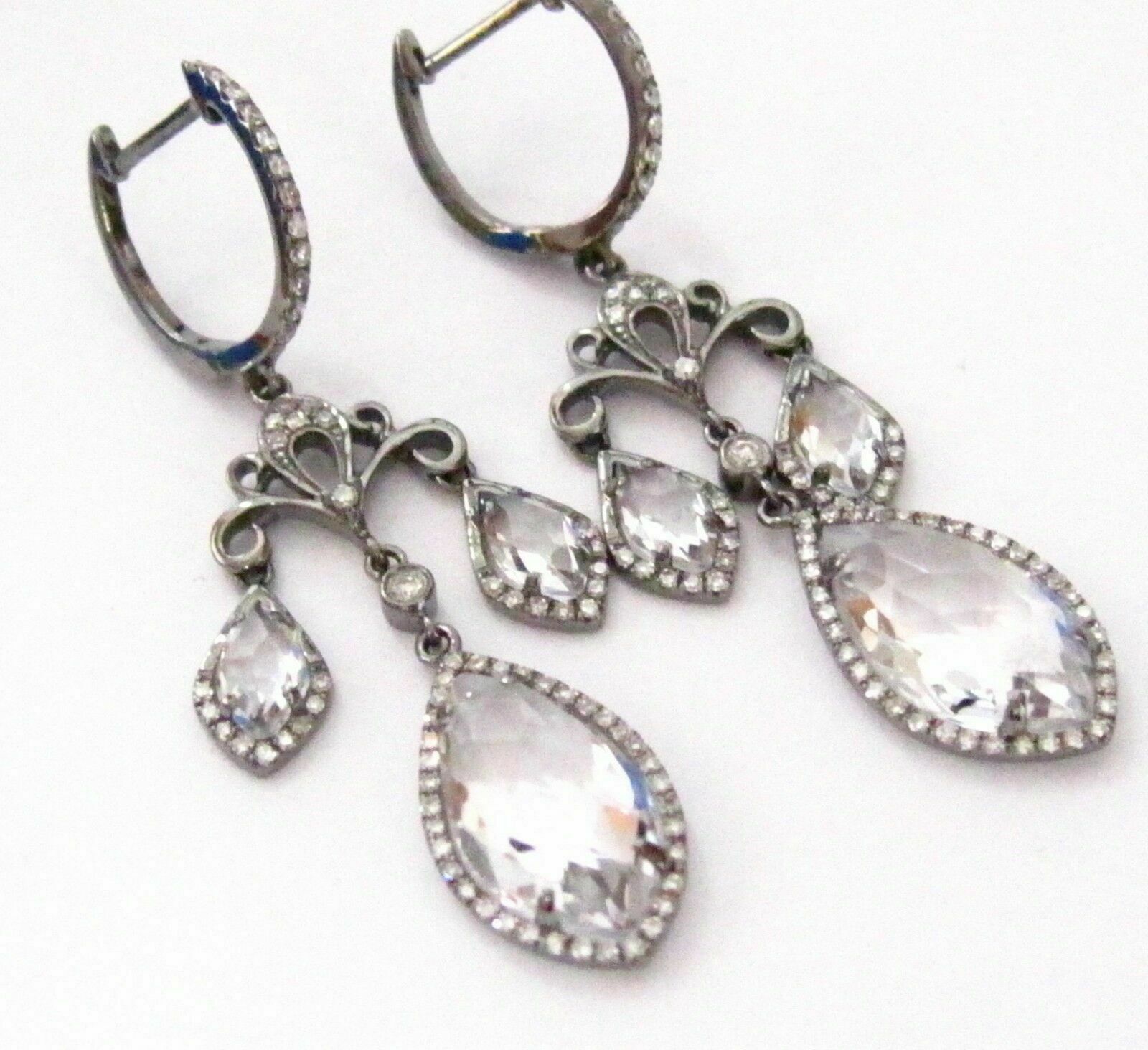 6.0 TCW Natural White Topaz & Diamonds Dangling Chandelier Earrings 14k WG