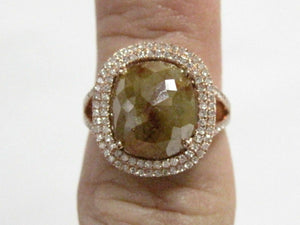 4.75Ct Cushion Cut Raw/Rustic Green Diamond Cocktail Ring Size 6.5 14k Rose Gold