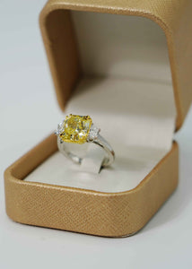 Engagement Ring Fancy Intense Yellow Radiant 4.59 Carats 3 Diamond Ring GIA VS1