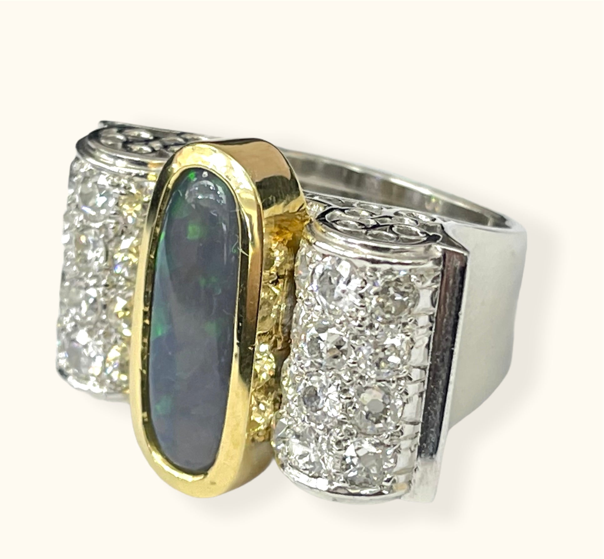 Opal and Round Brilliants Diamond Wide Ring Platinum