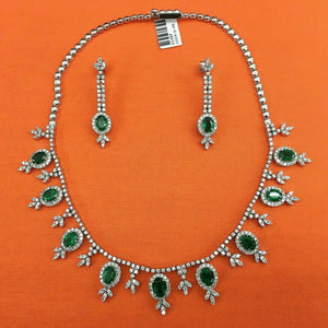 24.26 Carats t.w. Diamond and Emerald Ballroom Necklace Earrings Set 73.6 GM 18K