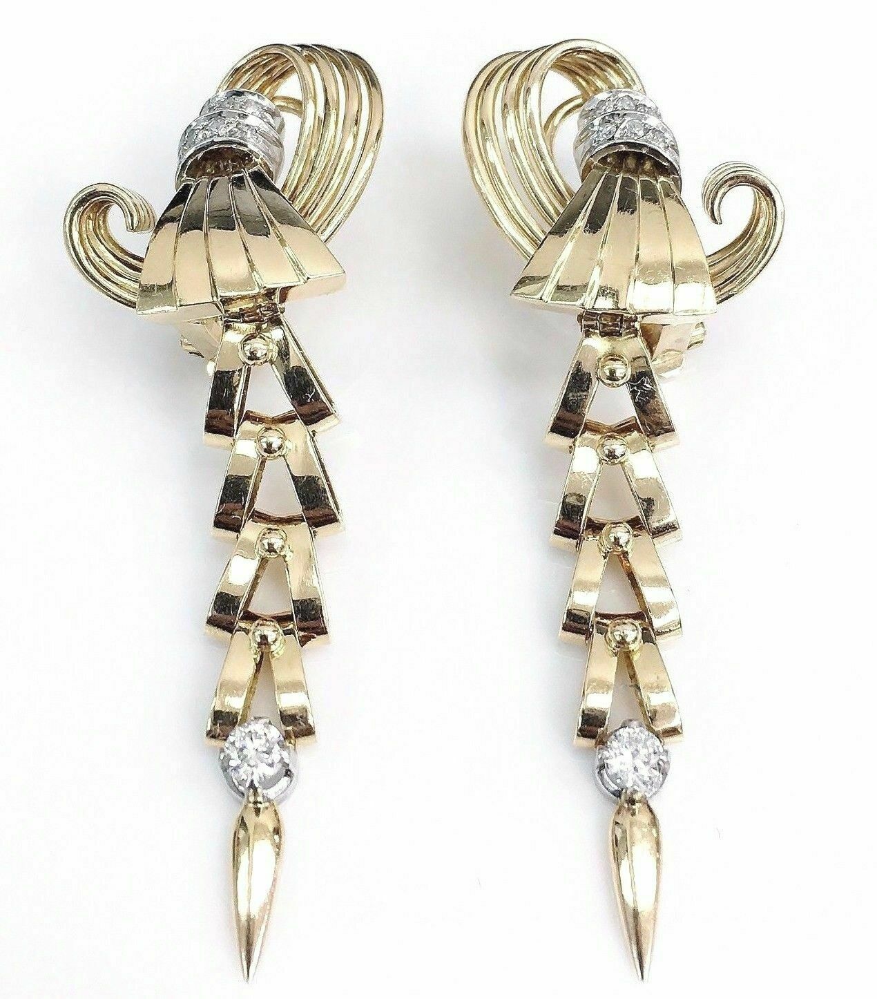 Vintage 0.56 Carat t.w. Diamond Dangle Earrings 18K Yellow/White Gold 2.25 Inch