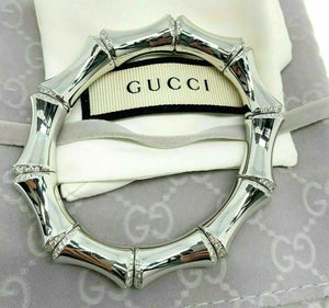 GUCCI Italian Made Jumbo 18K White Gold Factory Diamond Bamboo Stretch Bracelet