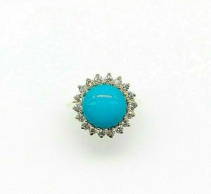 0.85 Carats Diamond and 11 MM Natural BlueTurquoise Halo Ring 14K Yellow Gold