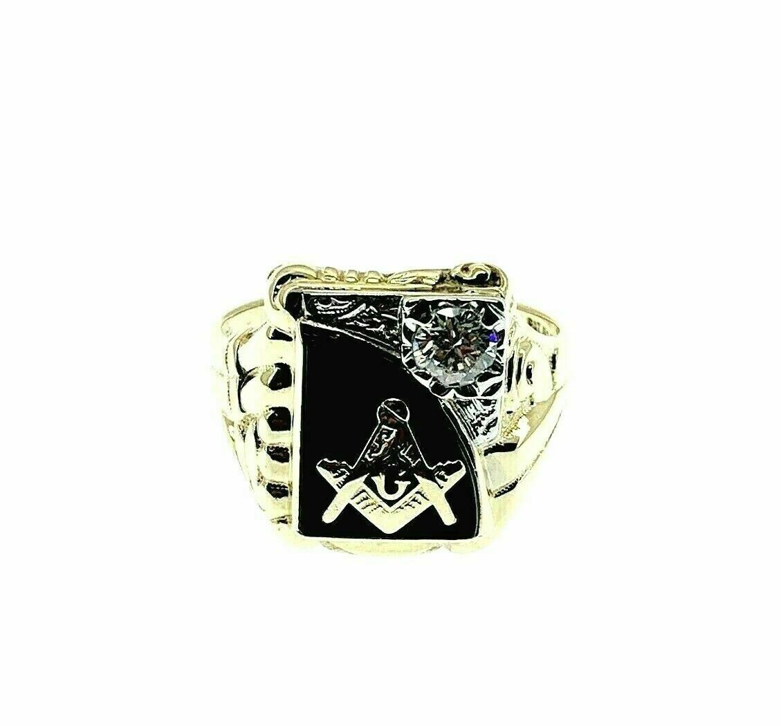 0.40 Carat H VS 2 Vintage Masonic Mens Diamond Two Tone Ring 14K Yellow Gold
