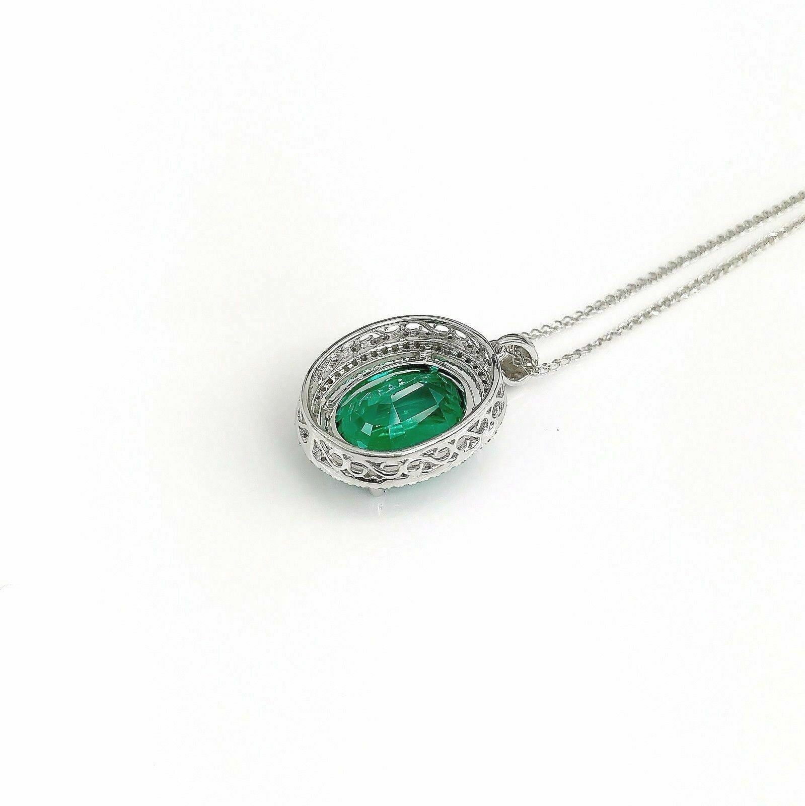 8.38 TCW Natural Oval Green Chatham & Diamond Accents Pendant 14k White Gold