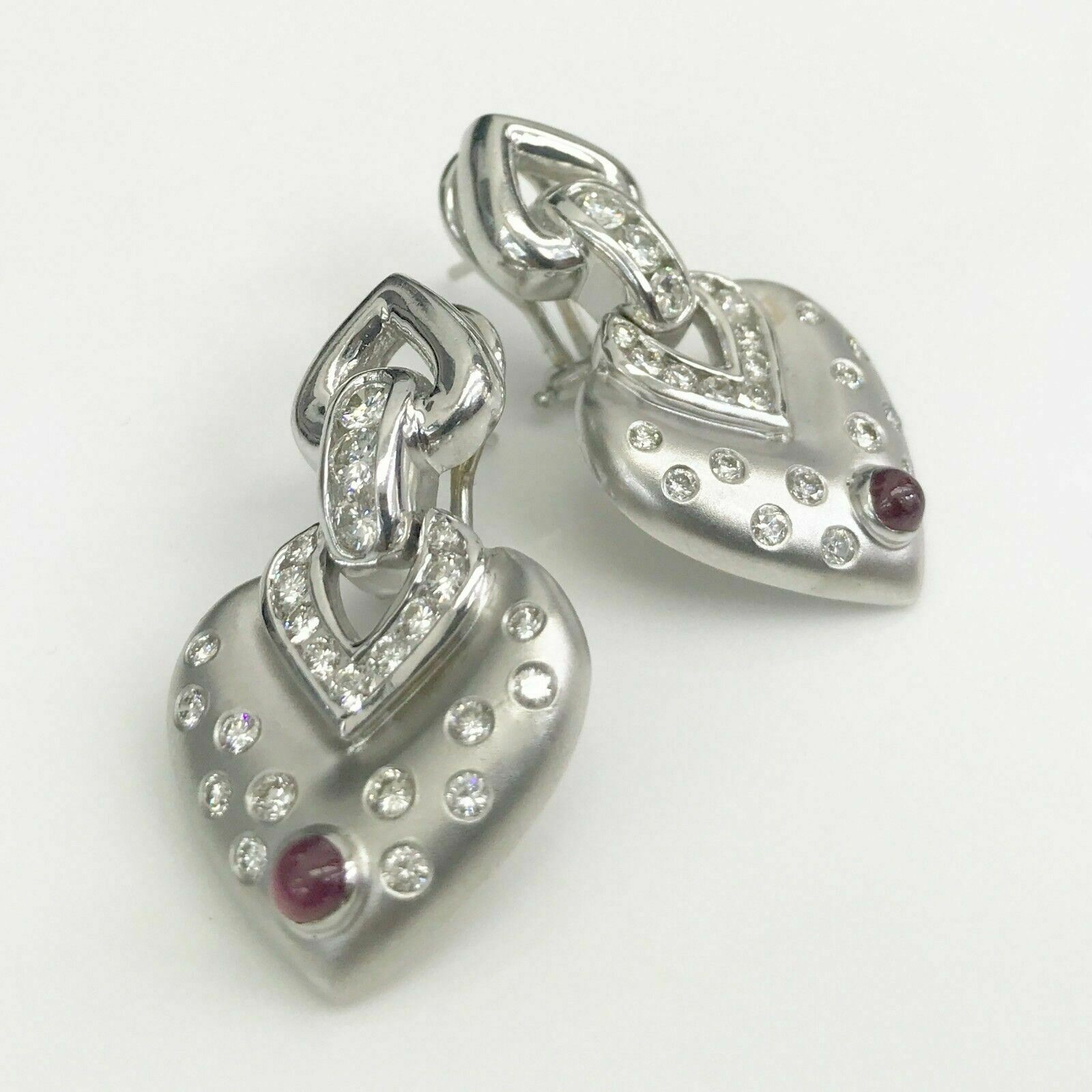 1.75 ct Diamond and Ruby Heart Drop Earrings in 14K White Gold