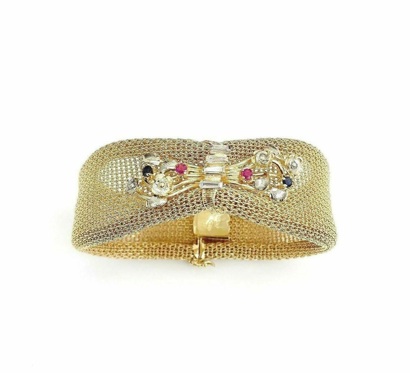 18K Rose Gold Vintage Mesh Diamond Sapphire and Ruby Bracelet 1 Inch Width