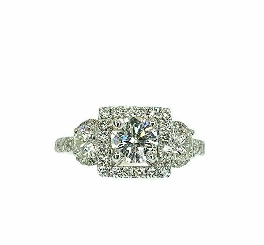 1.62 Carats t.w. Round Cut Diamond Center Halo & Side Halos Engagement Ring 18K