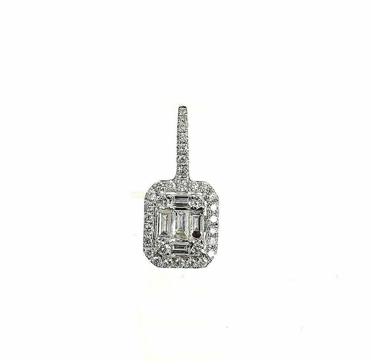 0.90 Carats Invisible Baguette and Round Diamond Halo Earrings 18K White Gold