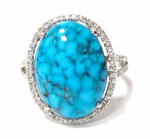 5.61 TCW Natural Oval Blue Turquoise w/ Diamond Accents Solitaire Ring Size 6.5