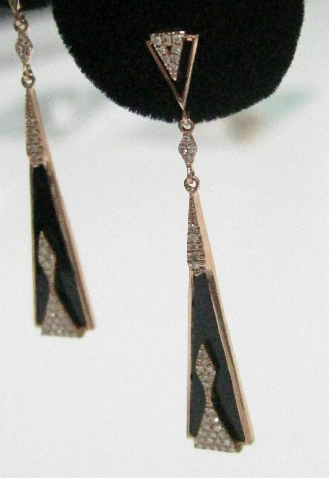 .22 TCW Natural Elongated BLACK ONYX Diamond Dangle Earrings 14kt Rose Gold