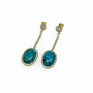 Turquoise w/ halo Diamond Dangle Drop Earrings in 14K Yellow Gold