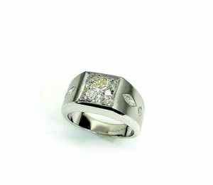 1.45 Carats Round and Marquise Cut Diamond Signet Mens Ring 14K White Gold
