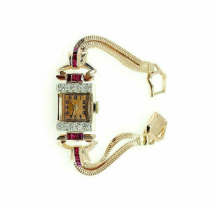 1.50 Carats t.w. Vintage Diamond & Ruby Solid 14 Karat Rose Gold Watch Bracelet
