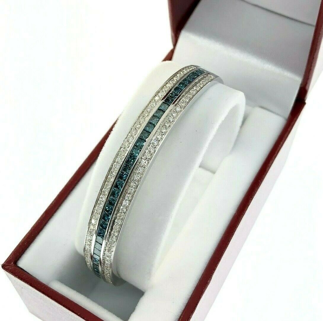 4.15 Carats t.w. Blue and White Diamond Bangle Bracelet 14K Gold 22.5 Grams