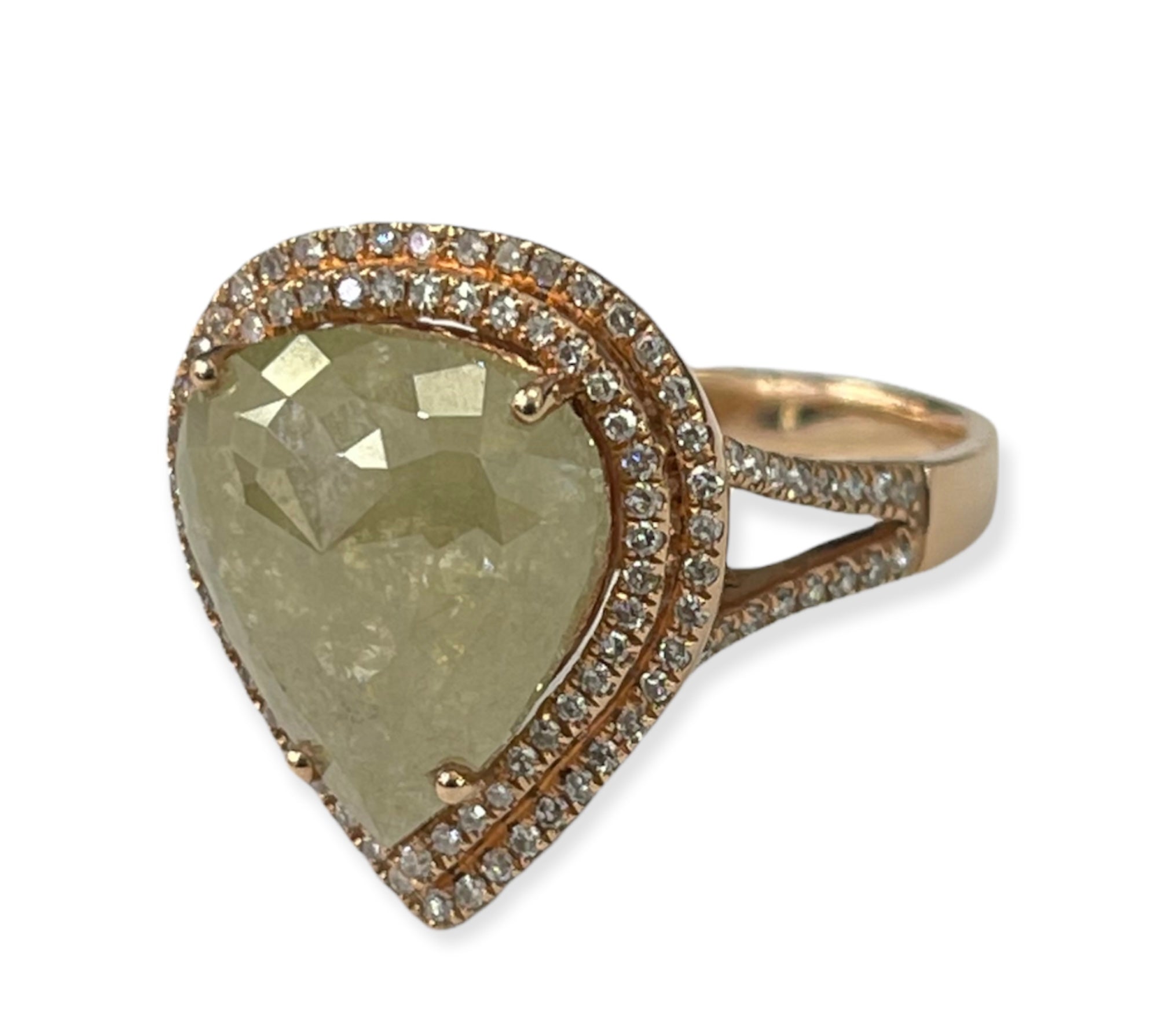 Fancy Green Pear Rustic Diamond Ring Double Halo Rose Gold