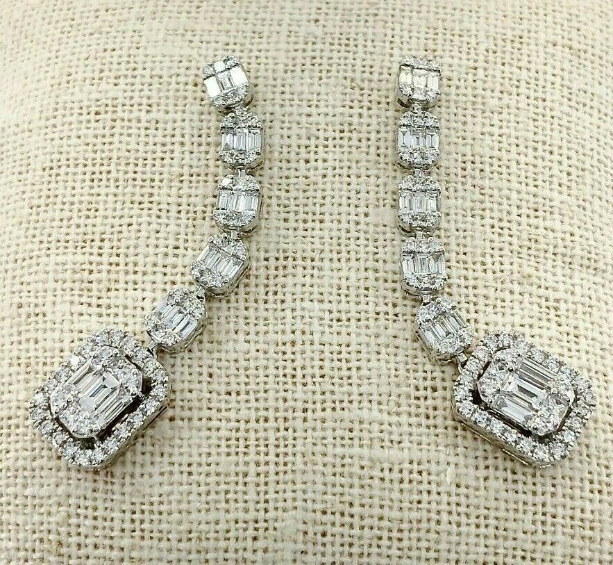 2.50 Carats Round and Baguette Diamond Halo Dangle Earrings 1.85 Inch Drop 18K