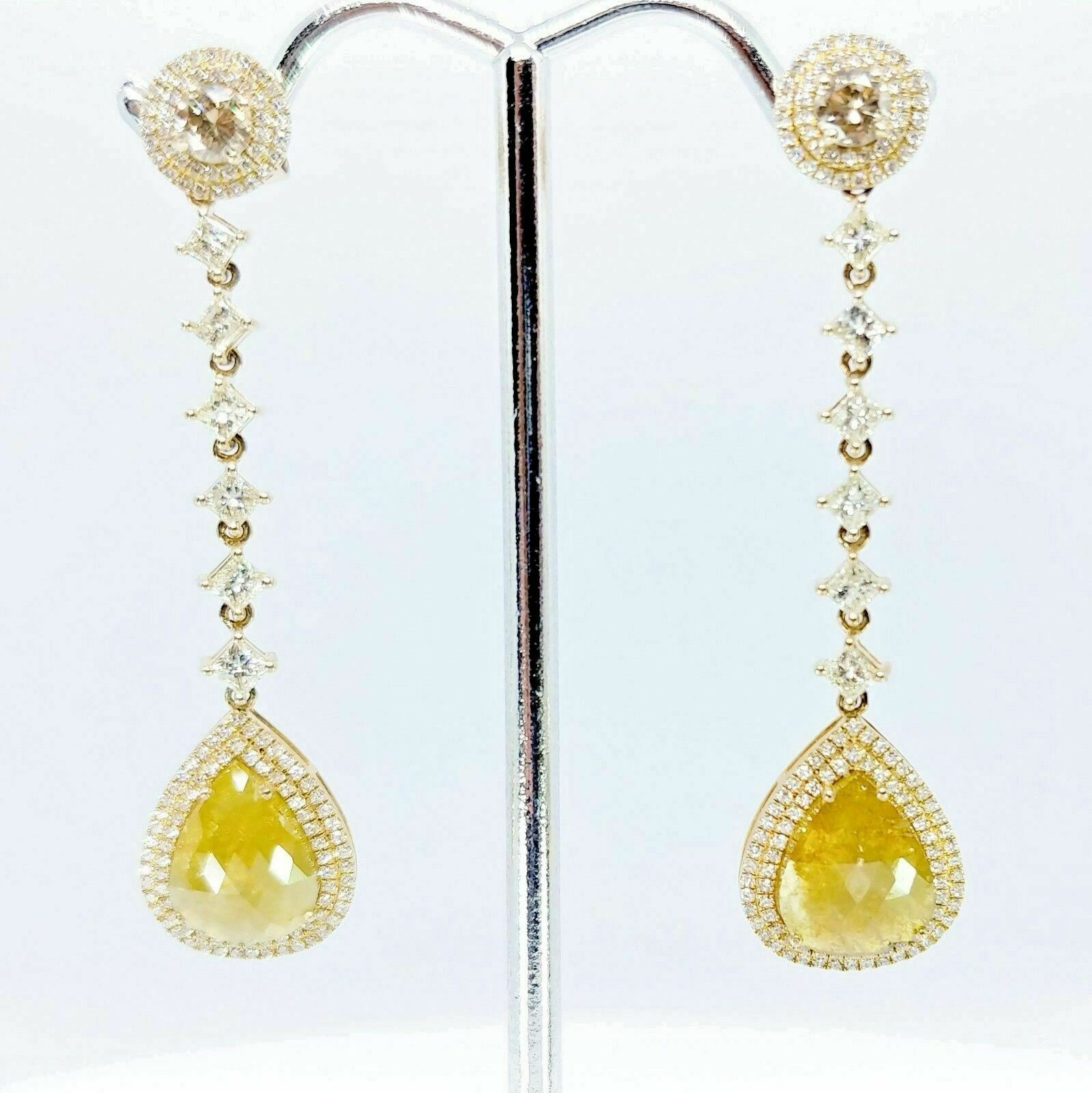 6.65 TCW Diamond Pear Dangle Earrings w/ Champagne Solitaire 14K Yellow Gold