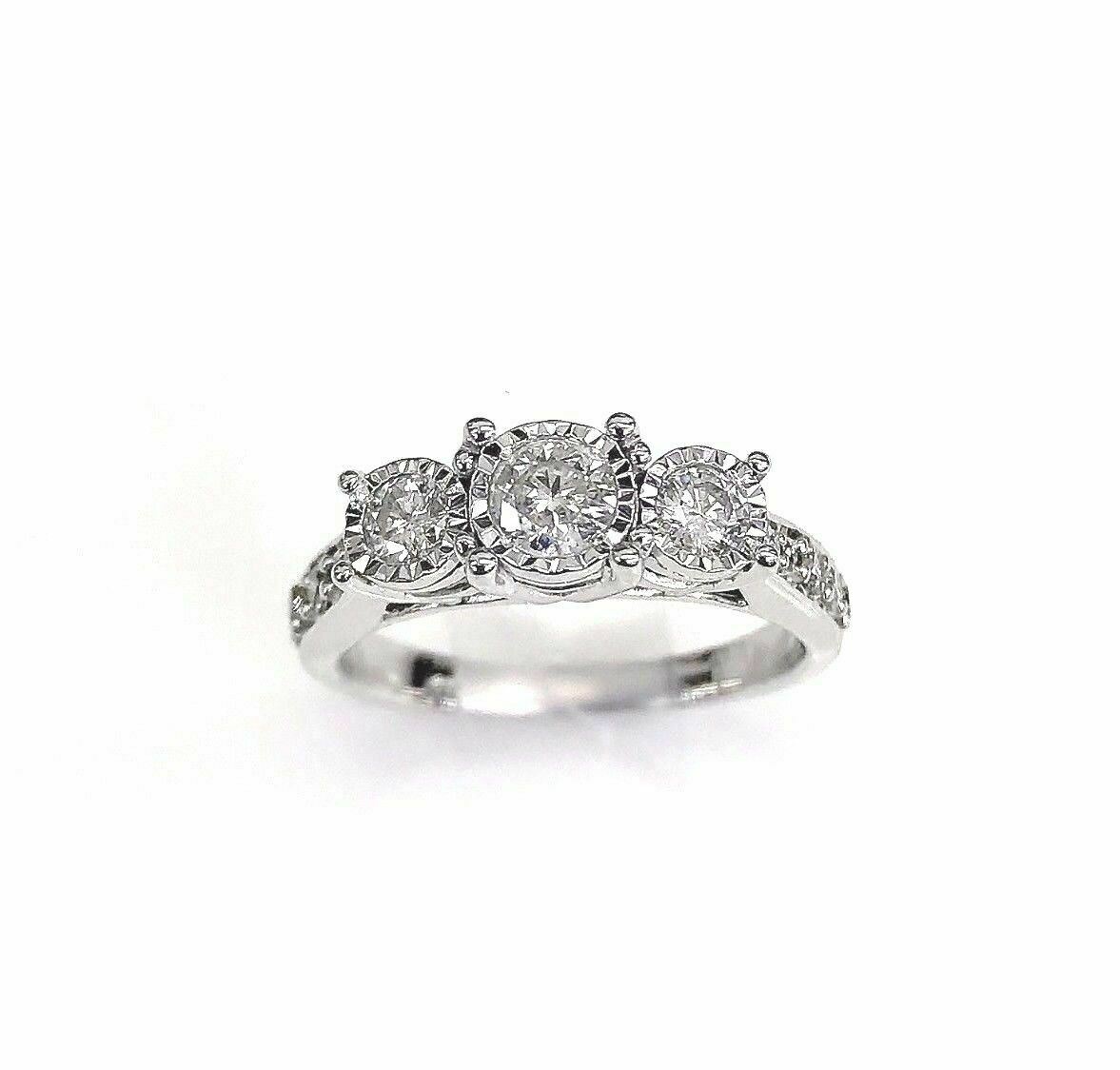 0.78 Carats 3 Stone Round Brilliant Cut Diamond Wedding Ring w Side Diamonds 14K