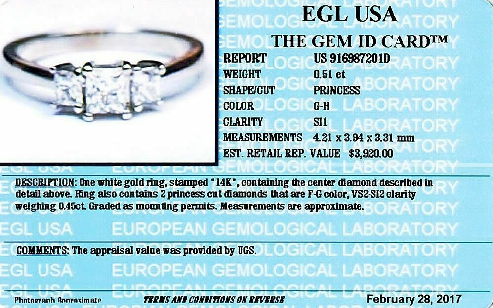 .96cts 3 Stone Princess Cut White Diamonds Engagement Ring Size 7.5 14k EGL USA