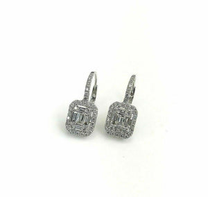 0.90 Carats Invisible Baguette and Round Diamond Halo Earrings 18K White Gold