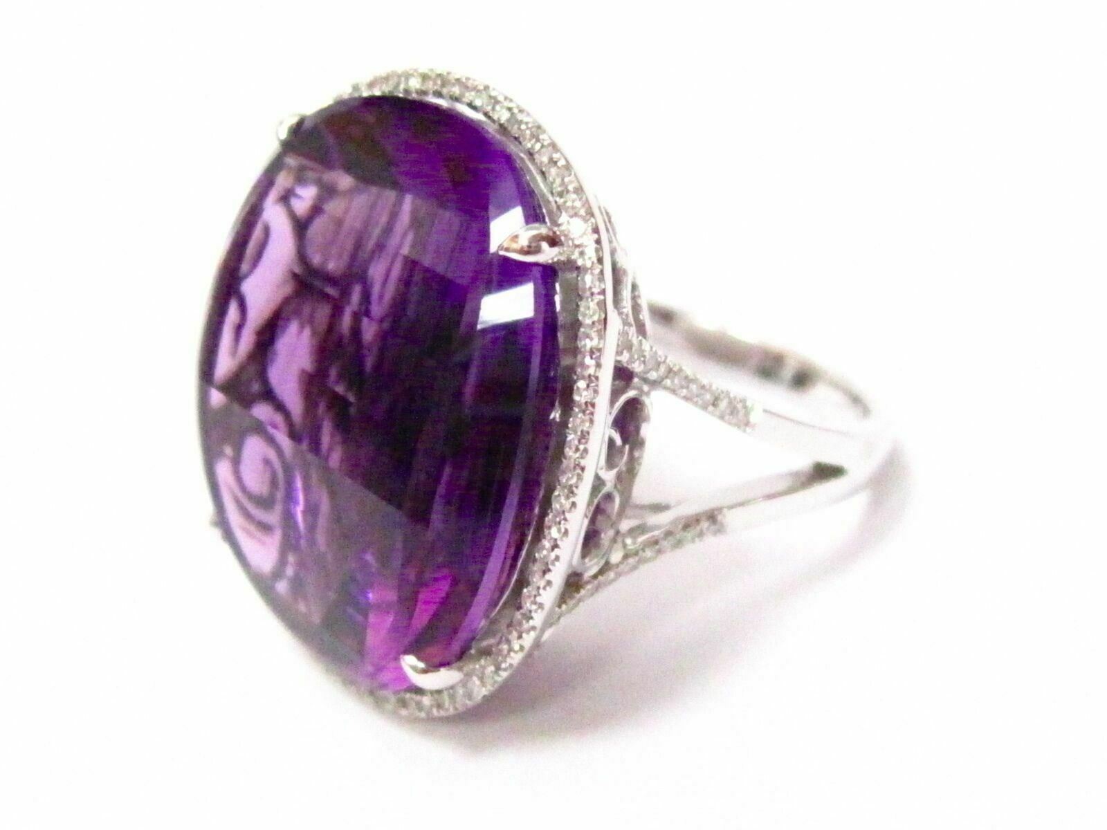 24.66 TCW Natural Round Amethyst & Diamond Accents Cocktail Ring Size 7 14k Gold