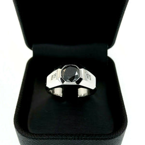 2.60 Carats Mens White and Black Diamond Signet Ring 14KW Gold 2.30 ct Center