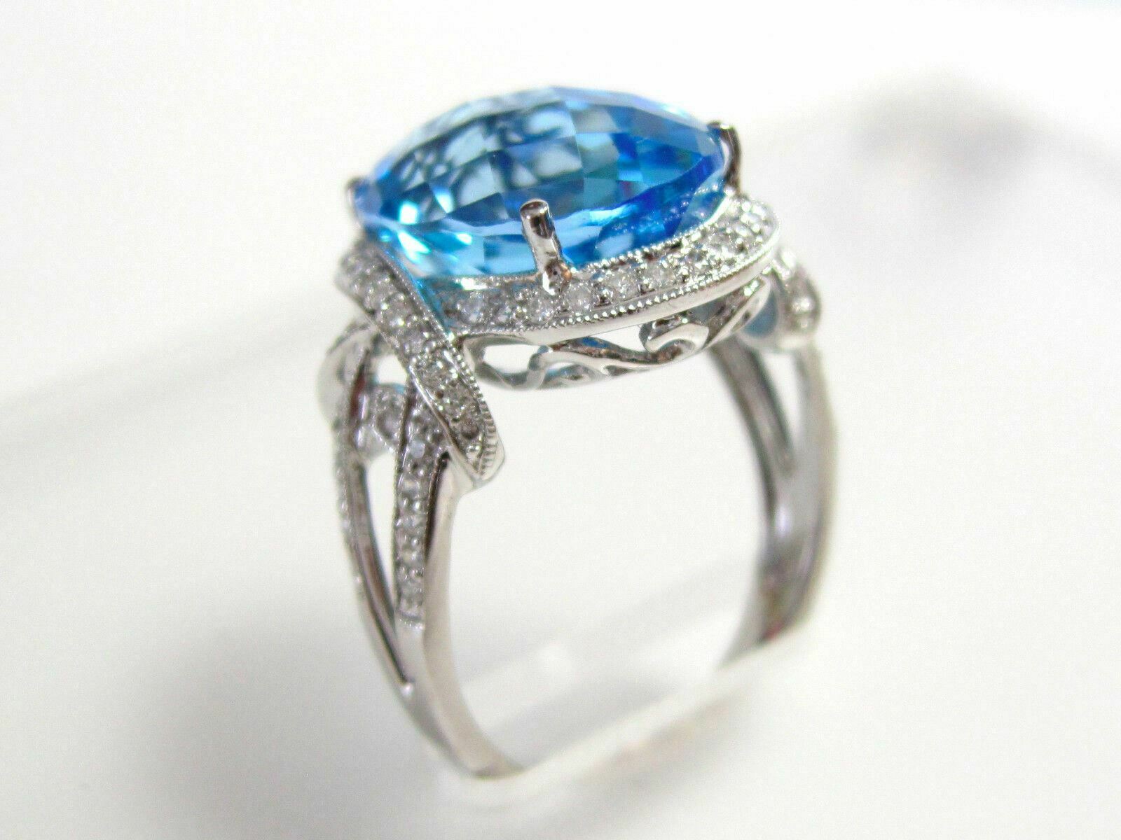 11.10 TCW Natural Oval Blue Topaz & Diamond Cocktail Ring 18k White Gold Size6.5