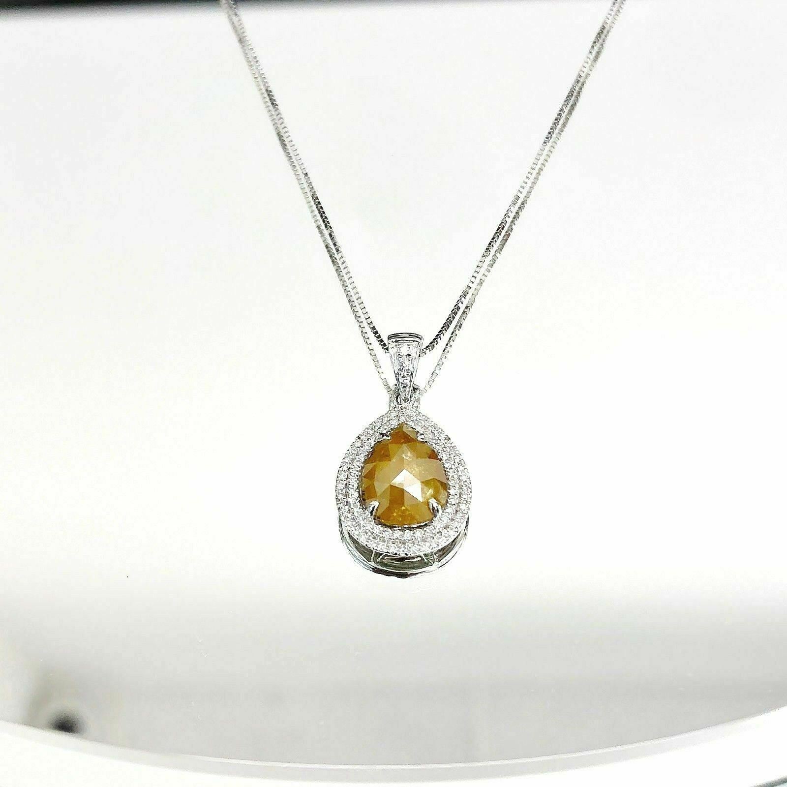 1.90 Carat t.w. Raw Diamond Halo Pendant 1.69 Carat Center 14K Gold w 14K Chain