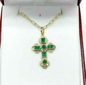 0.55 Carat Custom Made Emerald Cross Pendant 14K Gold 1.20 x 0.75 Inch