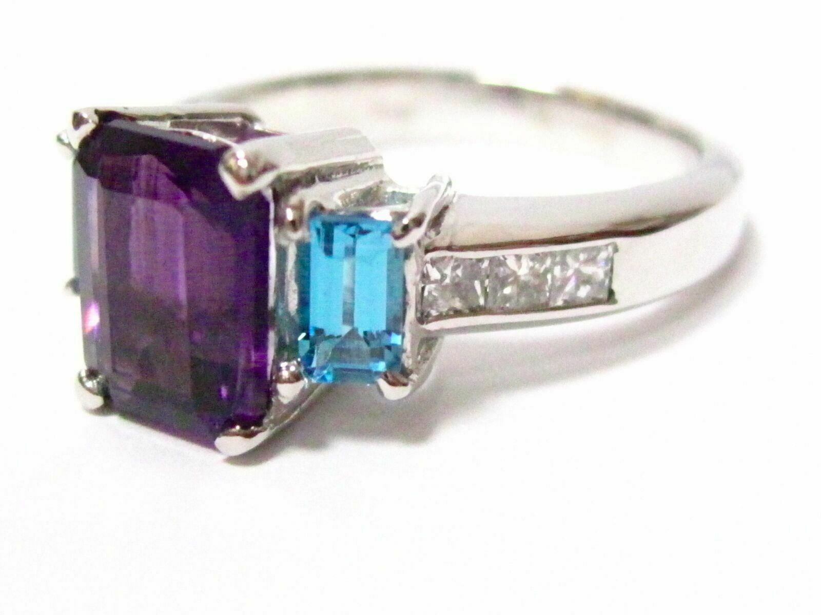 3.26 TCW Amethyst & Aquamarine Solitaire w/ Accents Cocktail Ring Sz 7.5 14k WG