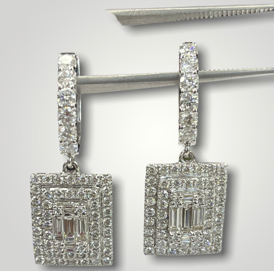 Round Brilliants and Baguettes Square Diamond Dangling Earrings