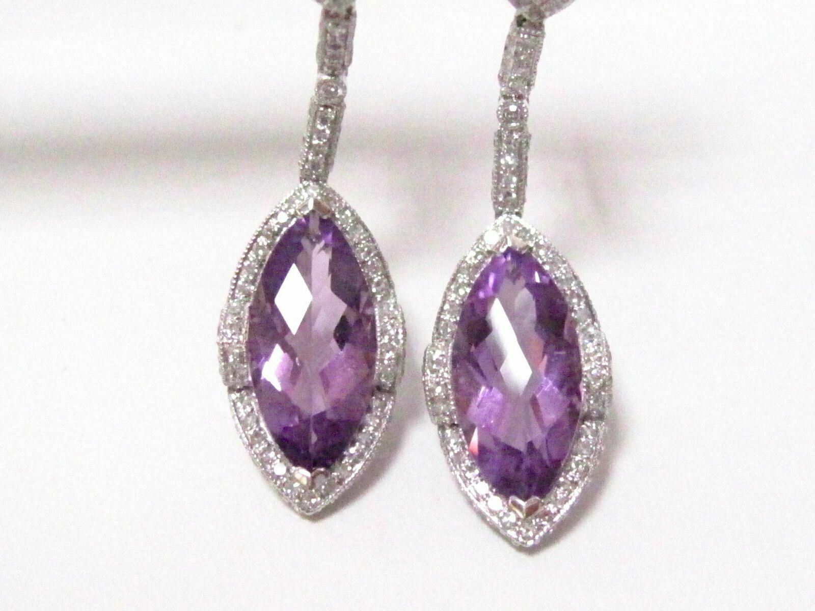 10.66 TCW Natural Marquise Purple Amethyst & Diamond Drop Earrings 14k WhiteGold