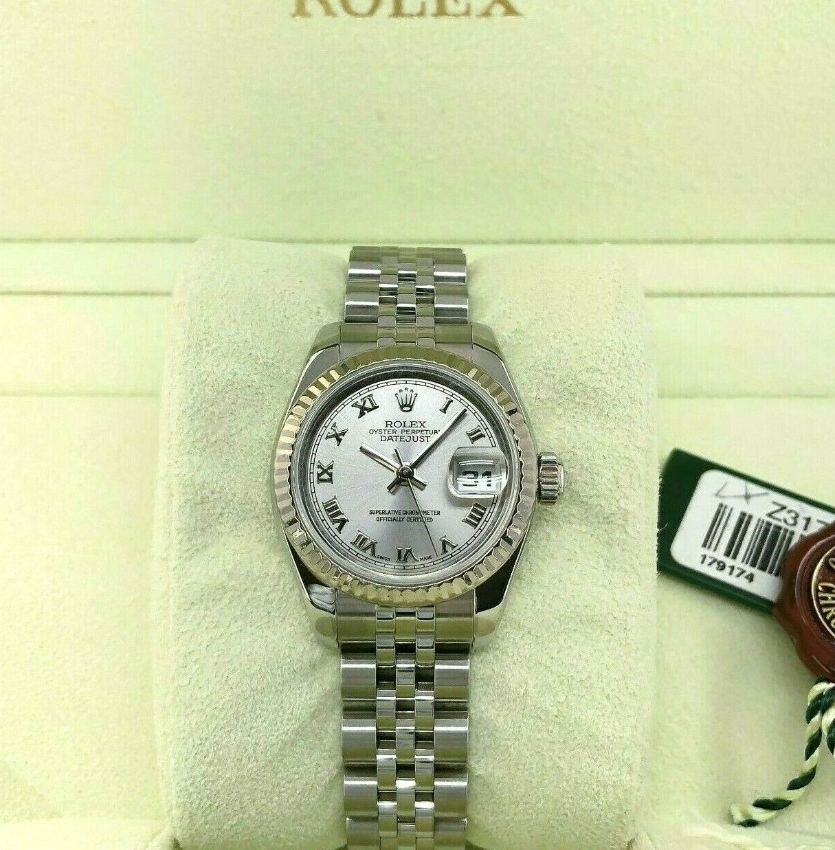 Rolex 26MM Lady Datejust 18 Karat White Gold Steel Watch Ref # 179174 Box Papers