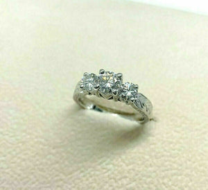 1.14 Carats 3 Stone Round Brilliant Cut Diamond Wedding Ring w Engraving 14K