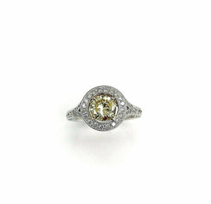 2.10 Carats t.w. Fancy Yellow Diamond Halo 3 Sided Pave Engagement Ring 18k