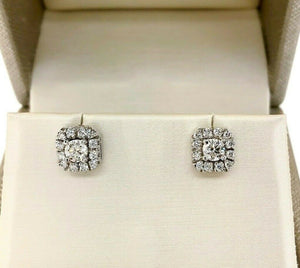 0.70 Carats t.w. Round Diamond Cushion Halo Stud Earrings 14K White Gold New
