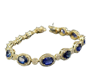Blue Sapphire Oval Tennis Bracelet with Diamond Accents Yellow Gold