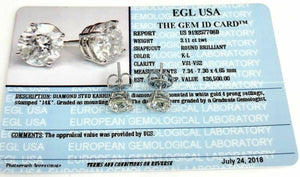 $26,500 Retail EGL USA 3.11 Carats t.w. Round Diamond Stud Earrings 14K Gold