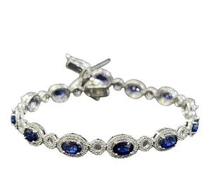 Blue Sapphire Oval Tennis Bracelet with Diamond Accents White Gold
