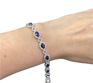 Blue Sapphire Oval Tennis Bracelet with Diamond Accents White Gold