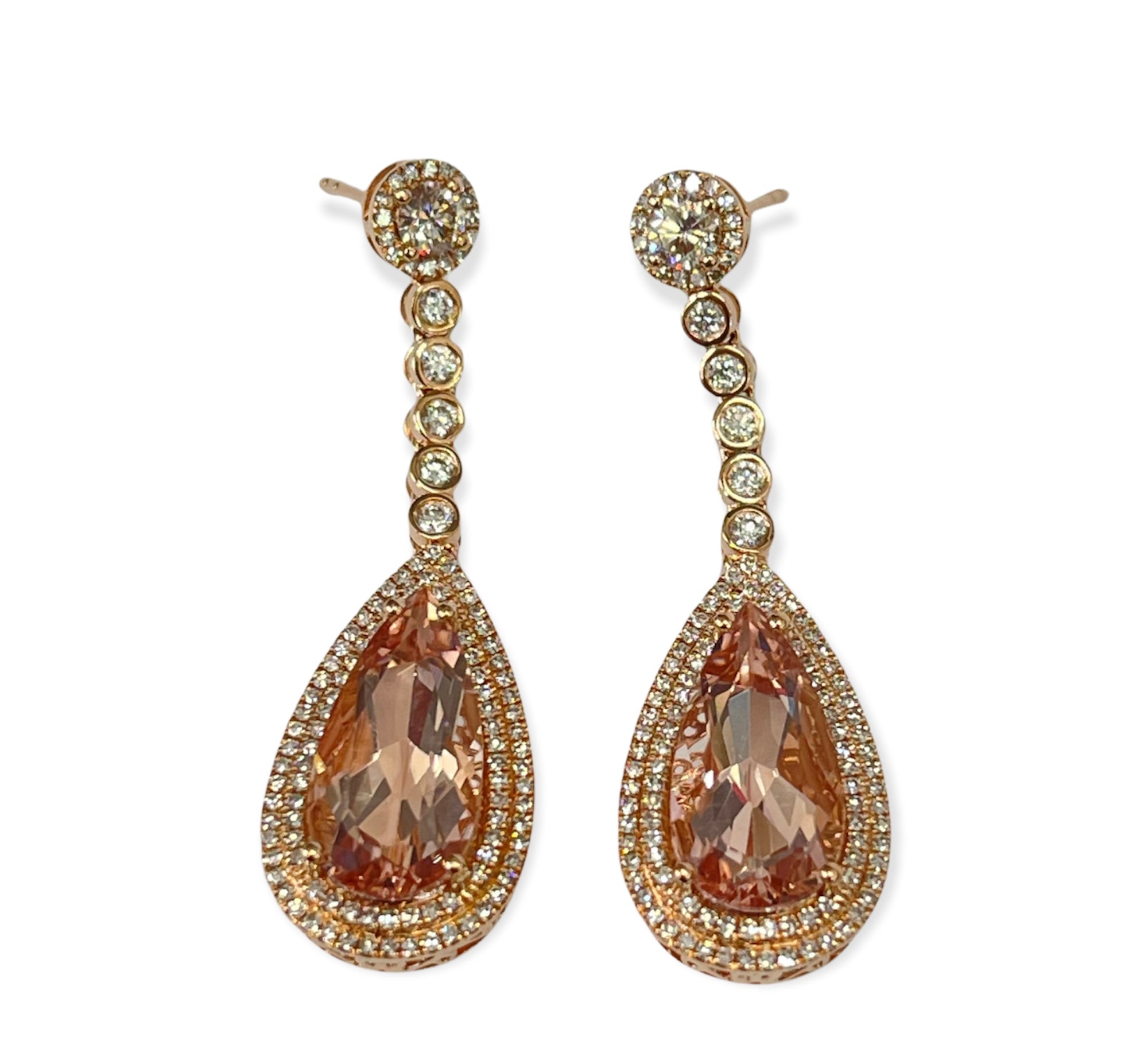 Morganite Gem Dangling Diamond Earrings Rose Gold 14kt