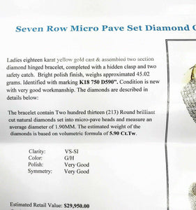 $29,950 Retail 5.90 Carats t.w. 7 Row Diamond Bangle Bracelet 18K Yellow Gold