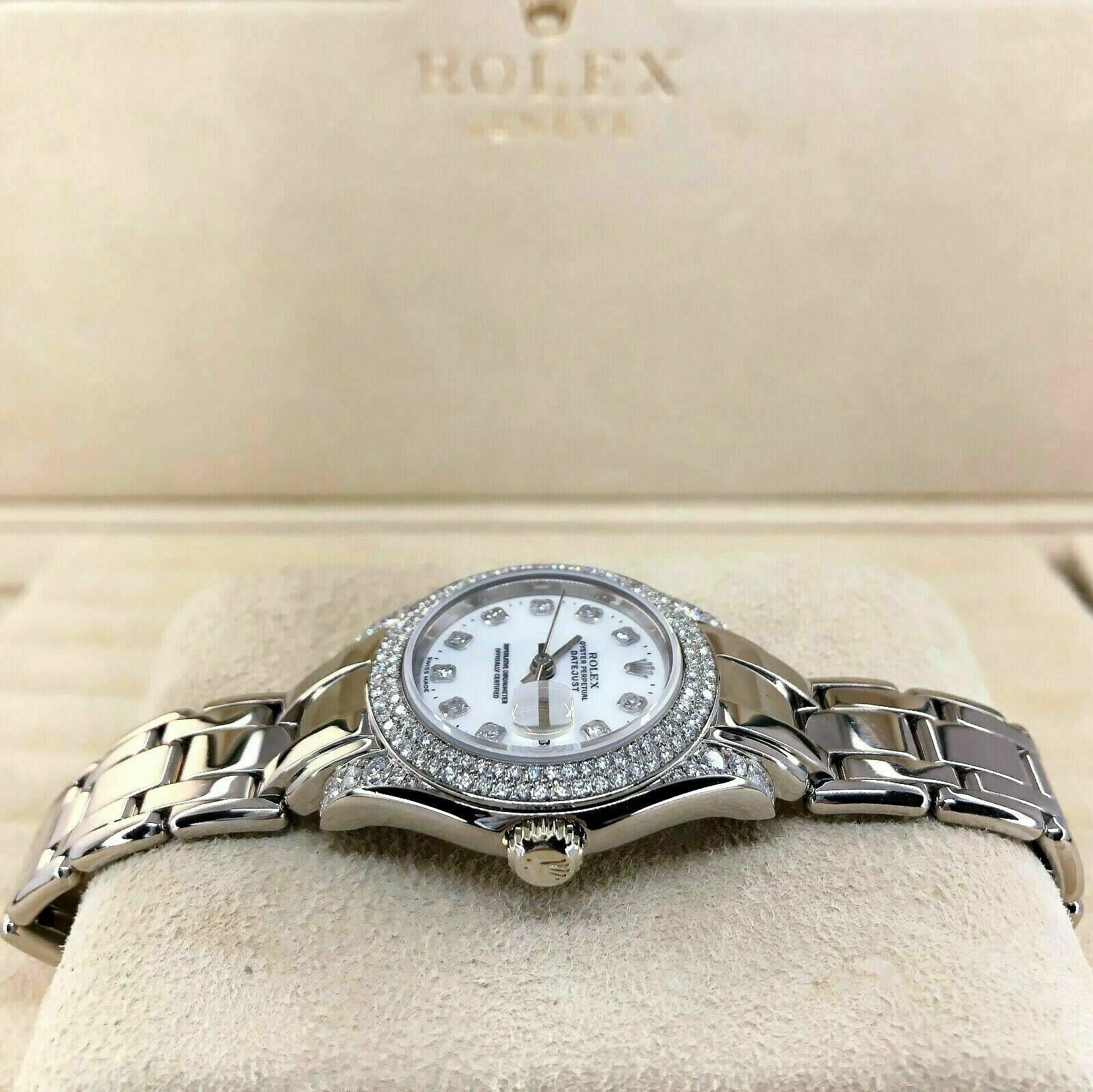 Rolex 29MM Pearlmaster 18k White Gold Ladies Watch 69359 Factory Diamonds