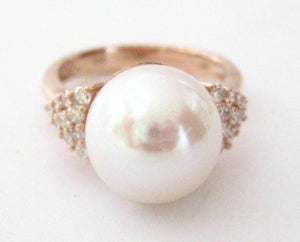 11mm White Pink Pearl w/ Diamond Accents Solitaire Ring 14kt Rose Gold Size 7