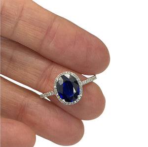 Blue Sapphire Oval Halo Diamond Ring White Gold 14KT